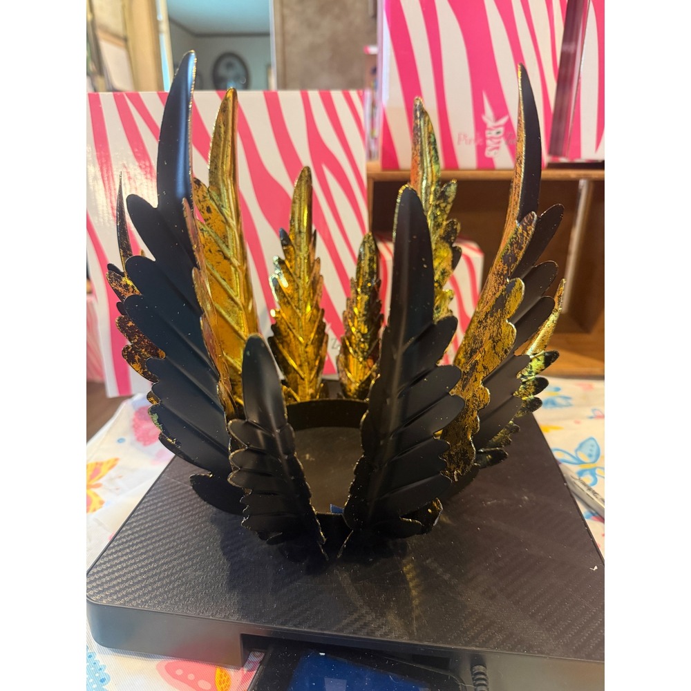 Pink Zebra Gold Black Metal Feather Wing Crown Candle Holder Accent Shade